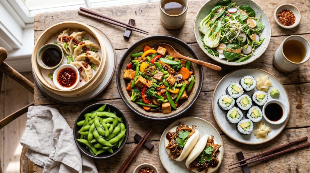Vegetarian and plant-based pan-Asian dishes spread